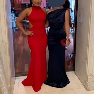 Red backless halter bow tie formal black tie dress